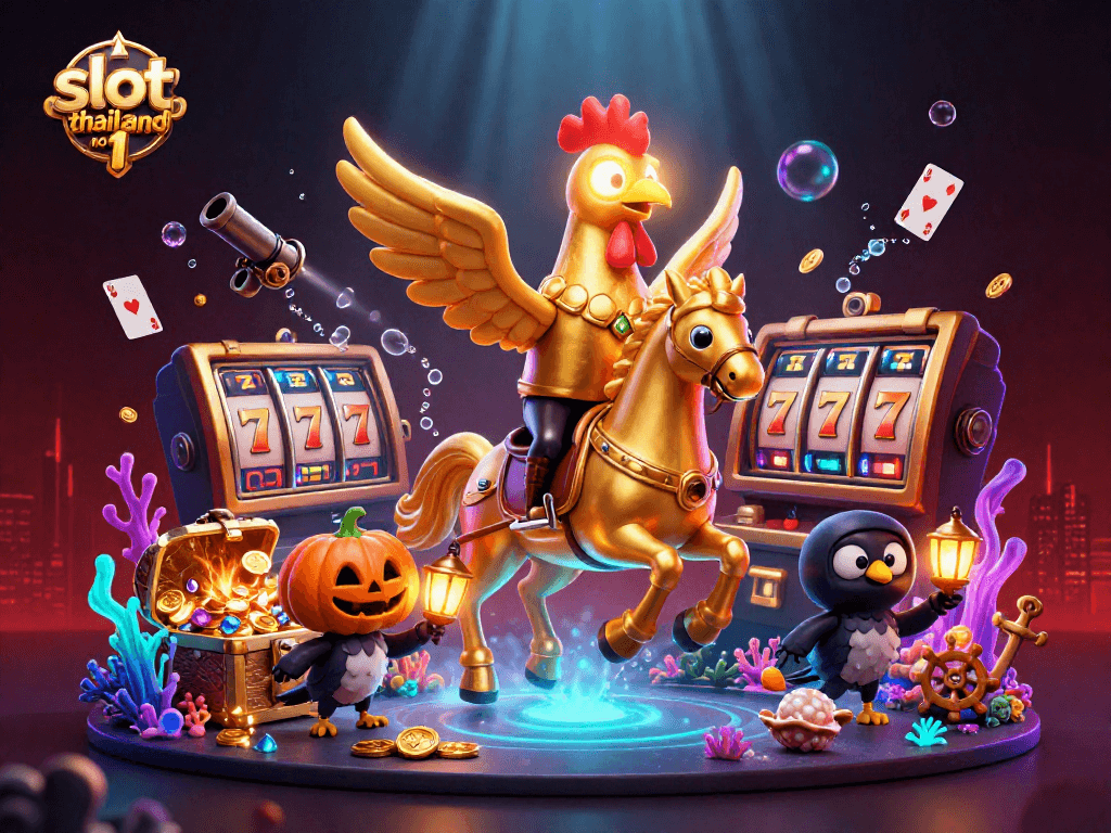Experience the thrill of slot Thailand no 1 with the golden rooster in a dynamic casino scene filled with lucky symbols and treasures.