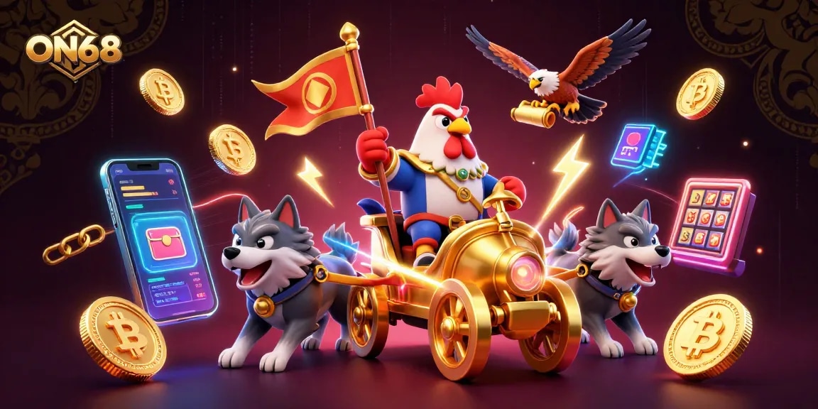 Experience thrilling adventures at ON68 with a rooster warlord and golden chariot amidst vibrant gaming elements.