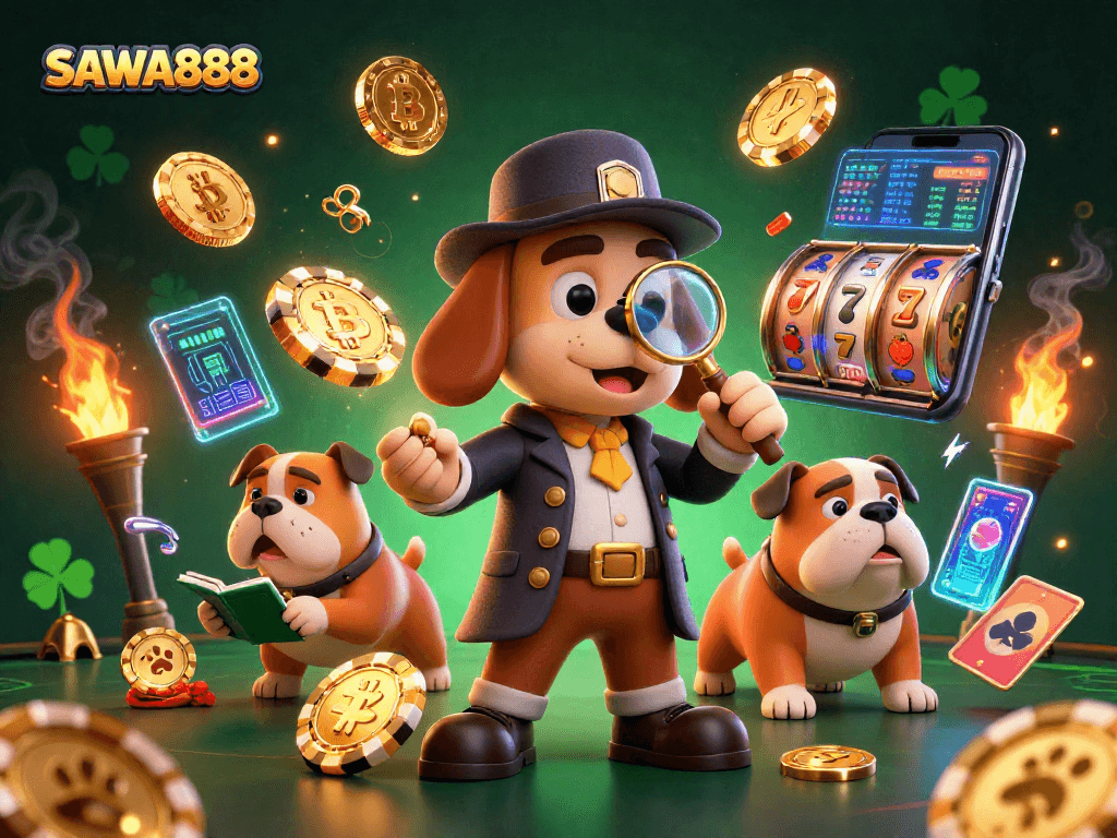 SAWA888: Detectives uncovering golden poker chips with cryptocurrency elements in a vibrant casino scene.