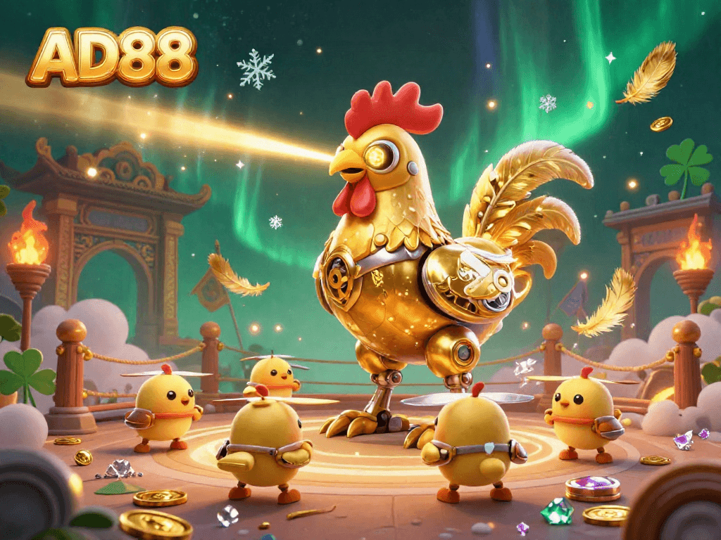Engage with AD88 by betting on a lively game scene featuring a golden rooster robot and chick drones.