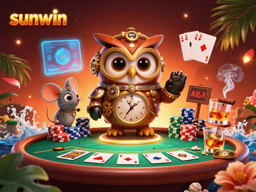 Engage in thrilling poker adventures at sunwin with a steampunk owl and casino elements.