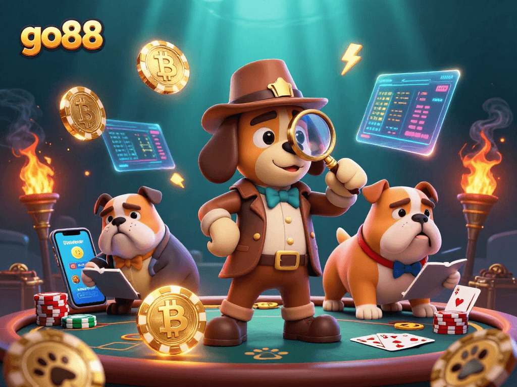 Engaging gambling scene with go88 branding, showcasing a detective uncovering poker clues amidst crypto elements.