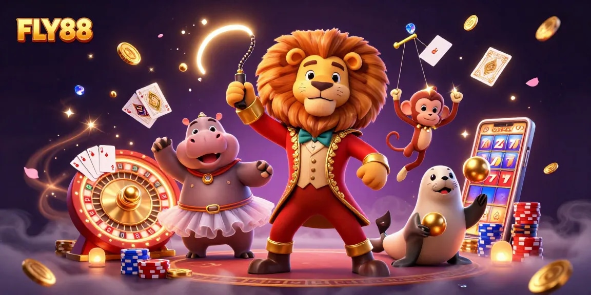 Experience thrilling gameplay at FLY88 with a dynamic circus-themed illustration capturing the excitement of casino fun.