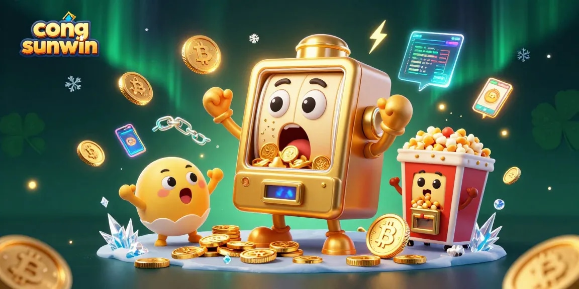 Engage with cong game sunwin as golden slot machines celebrate thrilling jackpot wins surrounded by vibrant crypto elements.