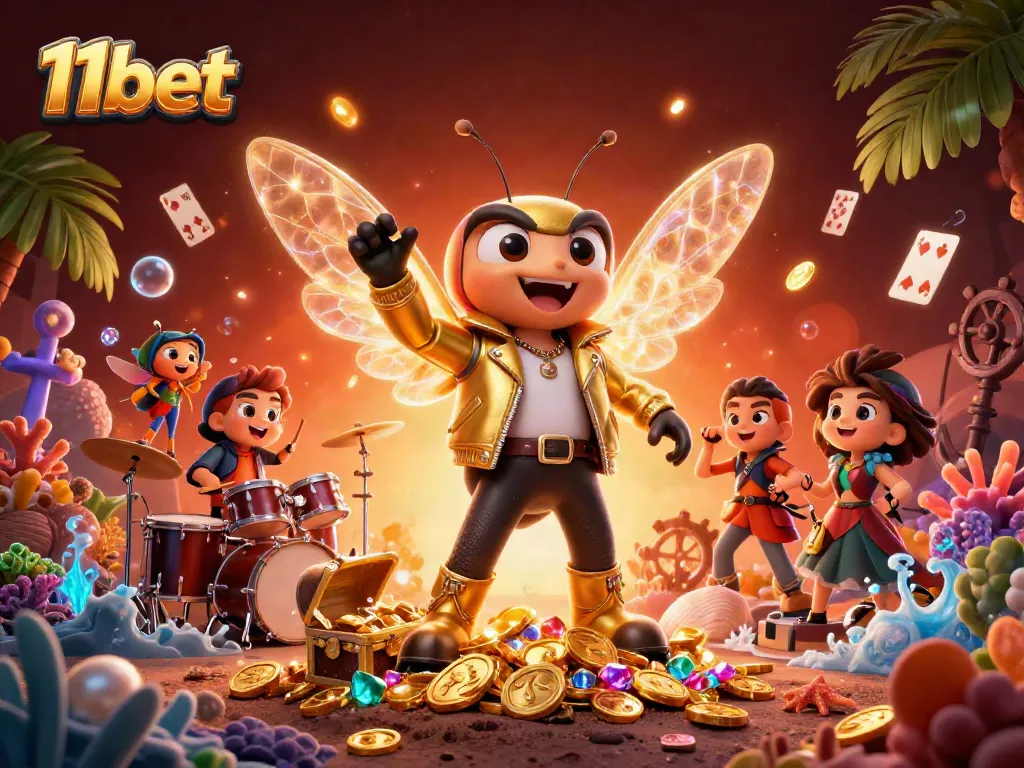 Experience thrilling gaming with 11bet's vibrant casino atmosphere featuring cartoon characters and treasures.