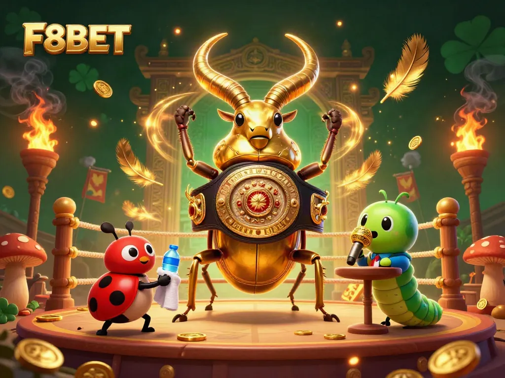Engage with F8BET in a vibrant 3D casino illustration featuring a boxing beetle and supporting characters.