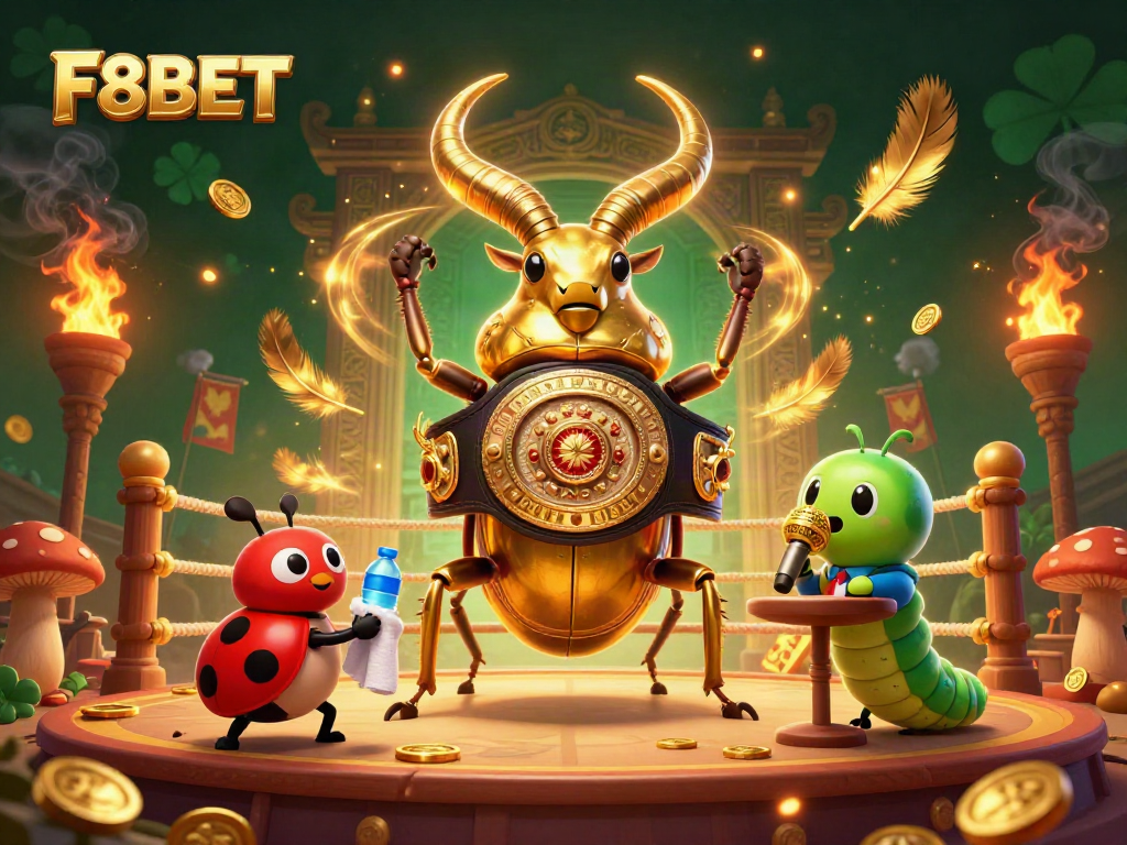 Engage with F8BET in a vibrant 3D casino illustration featuring a boxing beetle and supporting characters.