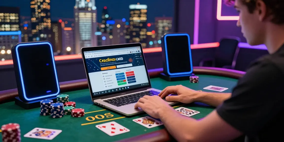 Exciting player engaging with credit card casino sites at a gaming desk, with vibrant city skyline in the background.