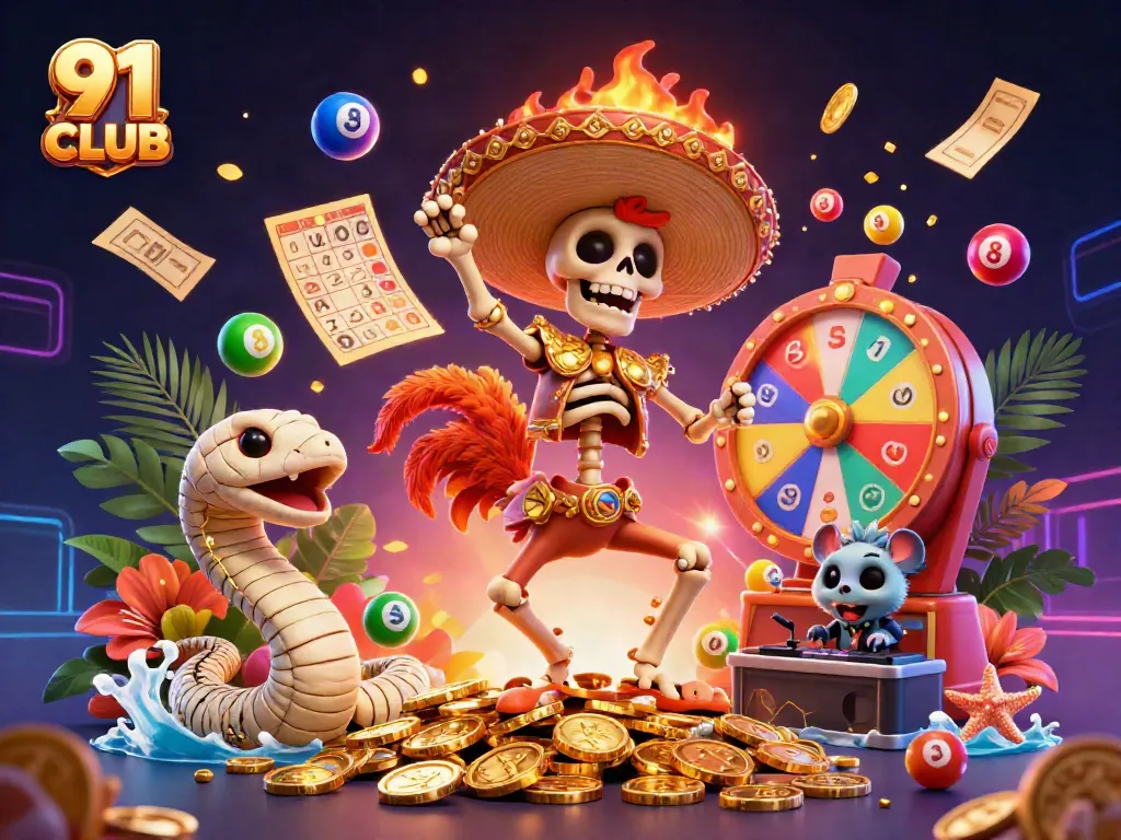 Experience the thrilling excitement of 91 CLUB with a vibrant 3D carnival scene filled with dynamic gambling elements.