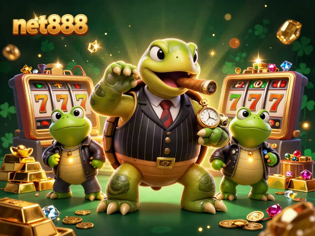 Experience the vibrant excitement of net888 with a lively casino scene featuring unique characters and slot elements.