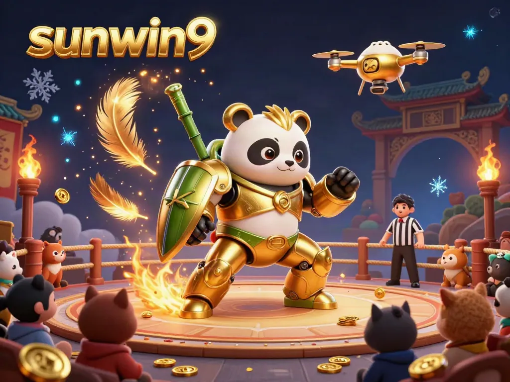 Experience the excitement of sunwin9 in a vibrant 3D illustration featuring a golden panda mech and a dynamic casino scene.