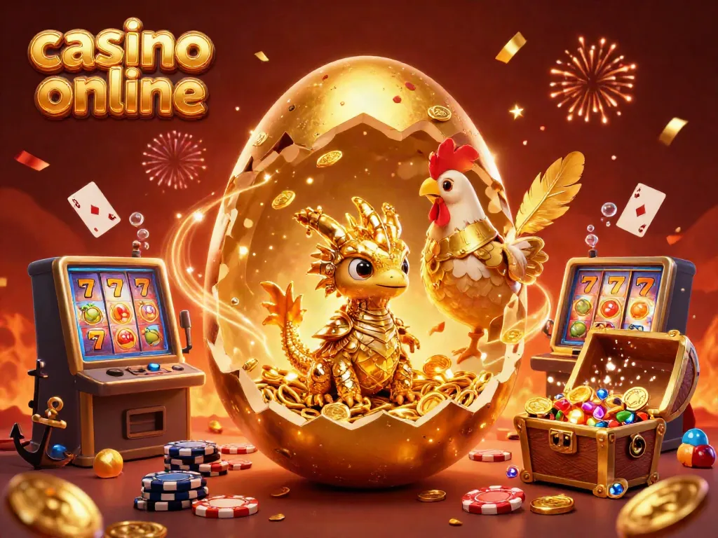Experience excitement with a golden dragon amidst casino online elements, showcasing luck and winning.