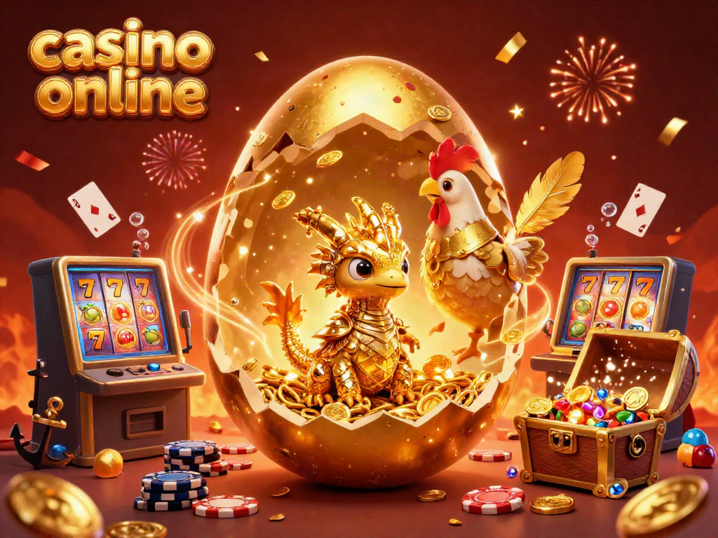 Experience excitement with a golden dragon amidst casino online elements, showcasing luck and winning.