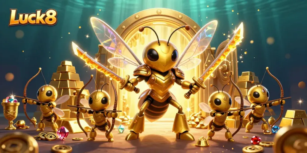 Luck8 hornet samurai leading bee archers amidst jewels and gold in an exciting casino scene.