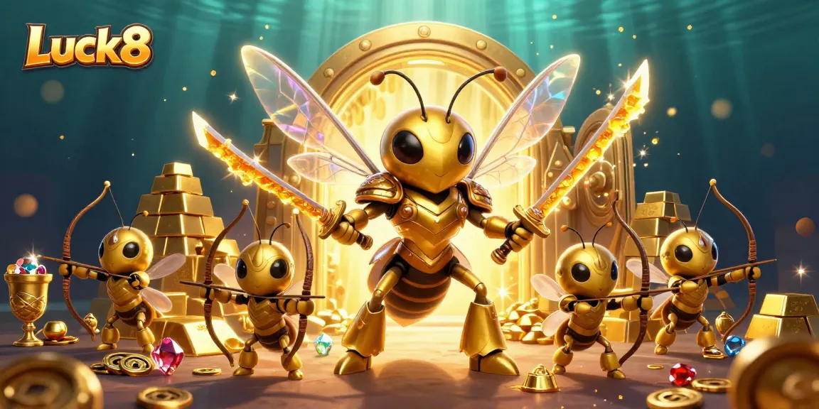 Luck8 hornet samurai leading bee archers amidst jewels and gold in an exciting casino scene.