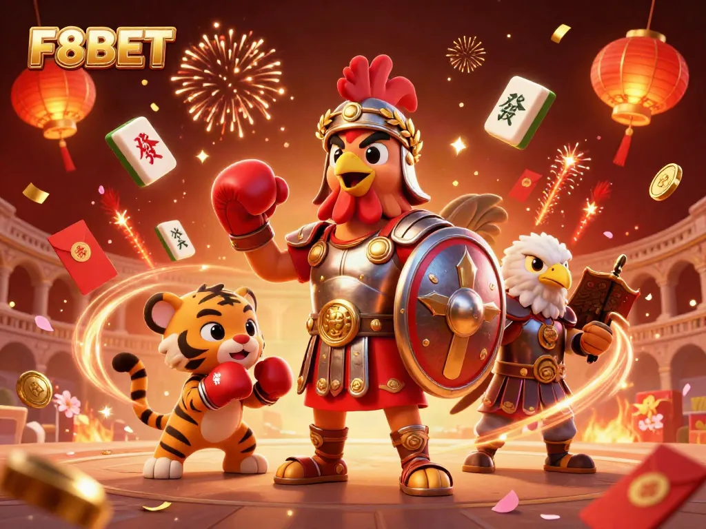 Engage in F8BET's thrilling gaming with a vibrant colosseum scene showcasing a rooster, tiger cub, and energetic casino elements.