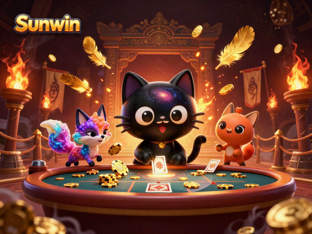 Experience the allure of Sunwin as the black hole cat draws in golden chips and cards in a cosmic casino.