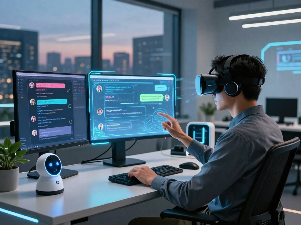 Engaging workspace featuring nsfw AI chat interaction with virtual reality headset, vibrant interface, and modern office atmosphere.