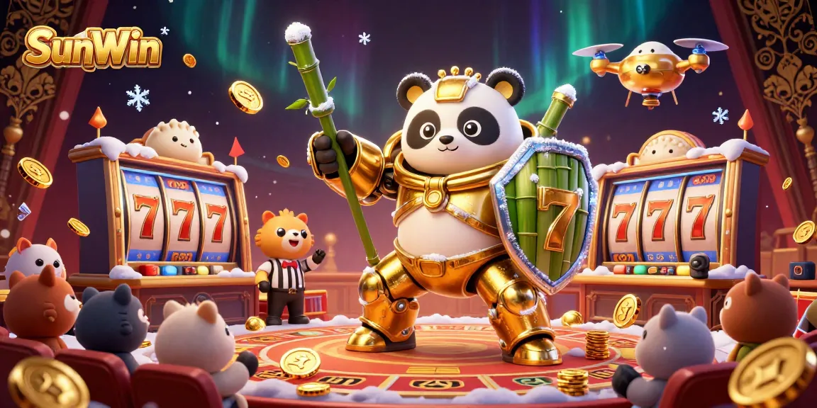 Engage in thrilling slots at SunWin with a vibrant 3D illustration featuring playful characters and casino elements.