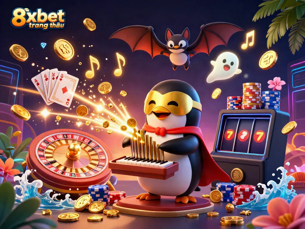 Experience thrilling gambling adventures with 8xbet trang chủ, featuring whimsical characters and casino elements in a vibrant setting.