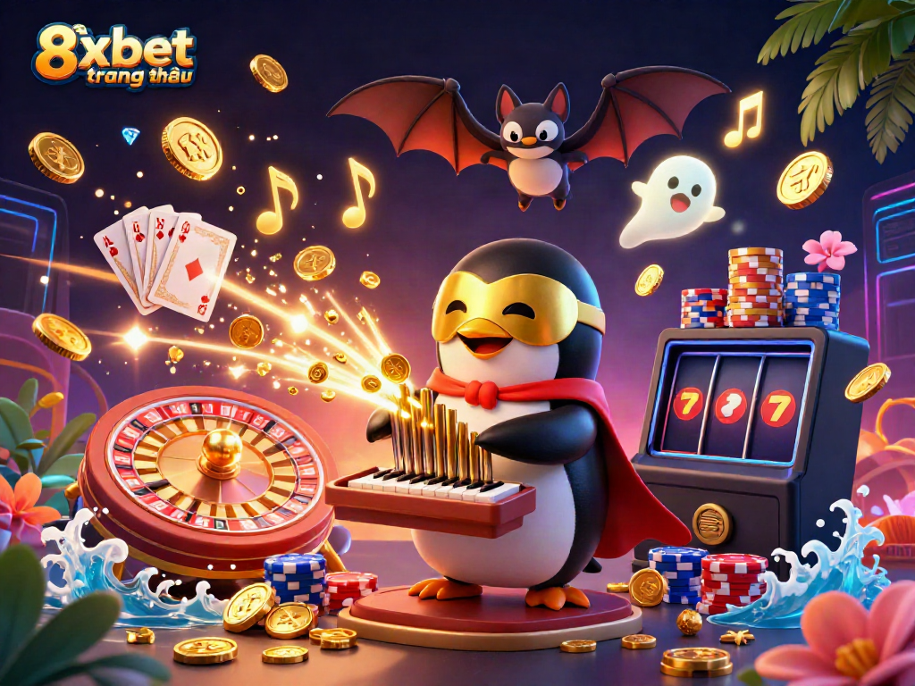 Experience thrilling gambling adventures with 8xbet trang chủ, featuring whimsical characters and casino elements in a vibrant setting.