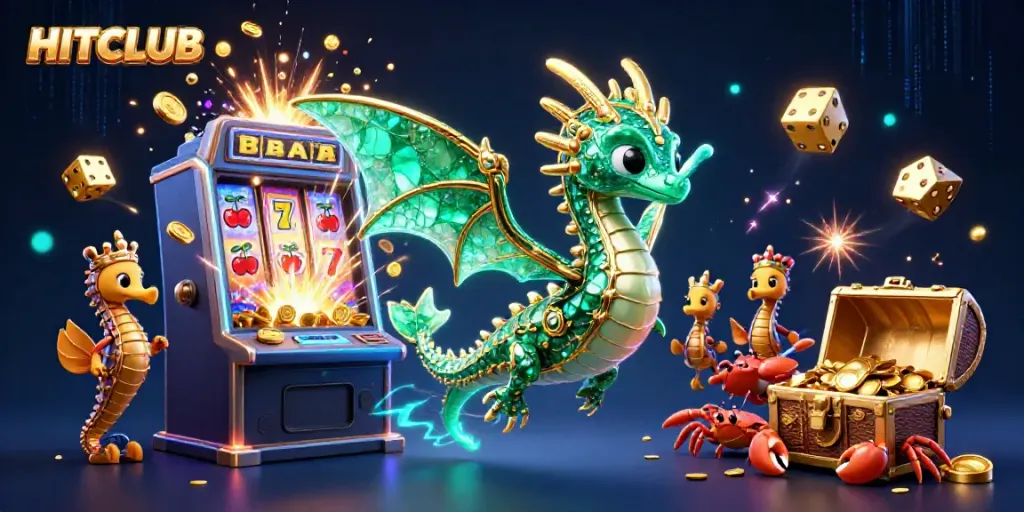 Experience the excitement at HITCLUB with a colorful illustration showcasing vibrant slot machines and magical treasures.