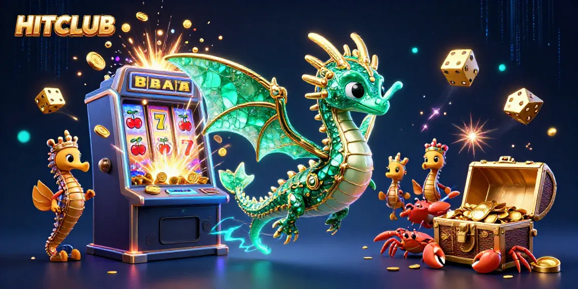 Experience the excitement at HITCLUB with a colorful illustration showcasing vibrant slot machines and magical treasures.