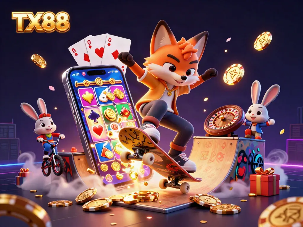 Engage with TX88's dynamic casino gaming scene featuring a fox and rabbit among vibrant slot and poker elements.