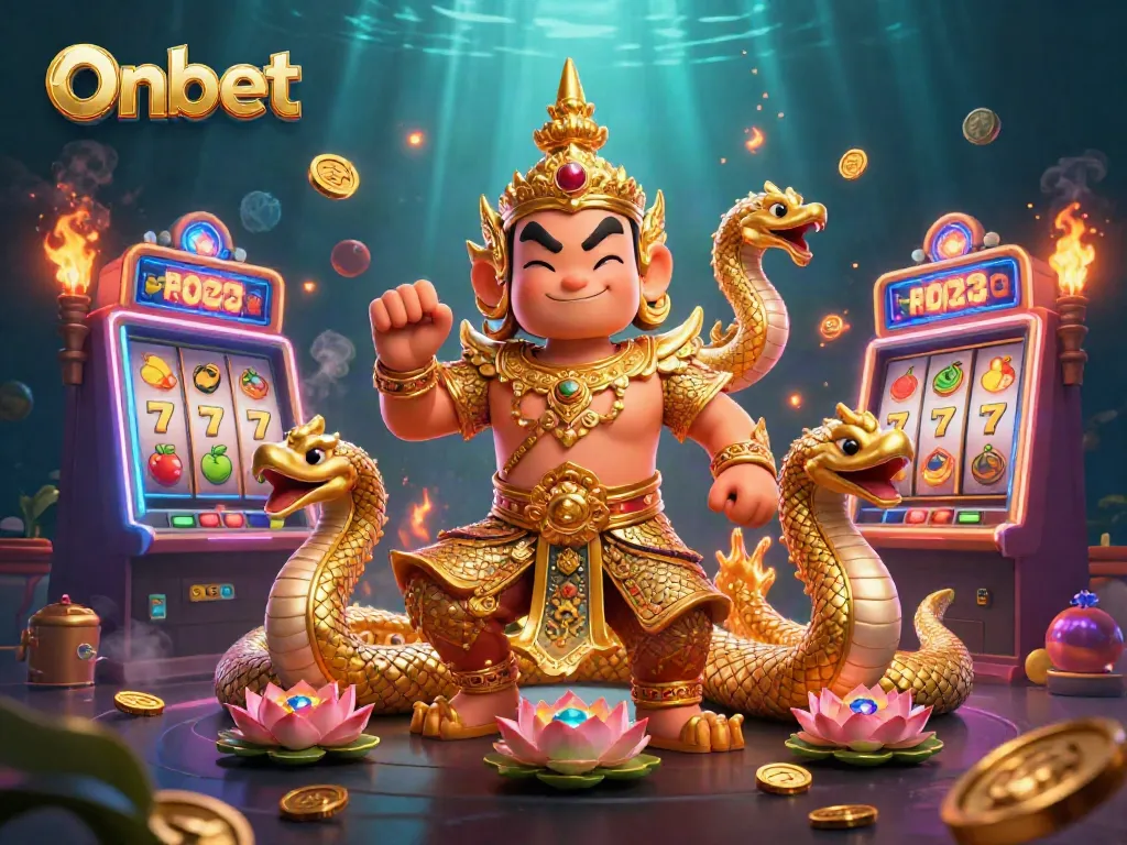 Onbet slots scene with Thai guardian and Naga serpents, vibrant casino elements.