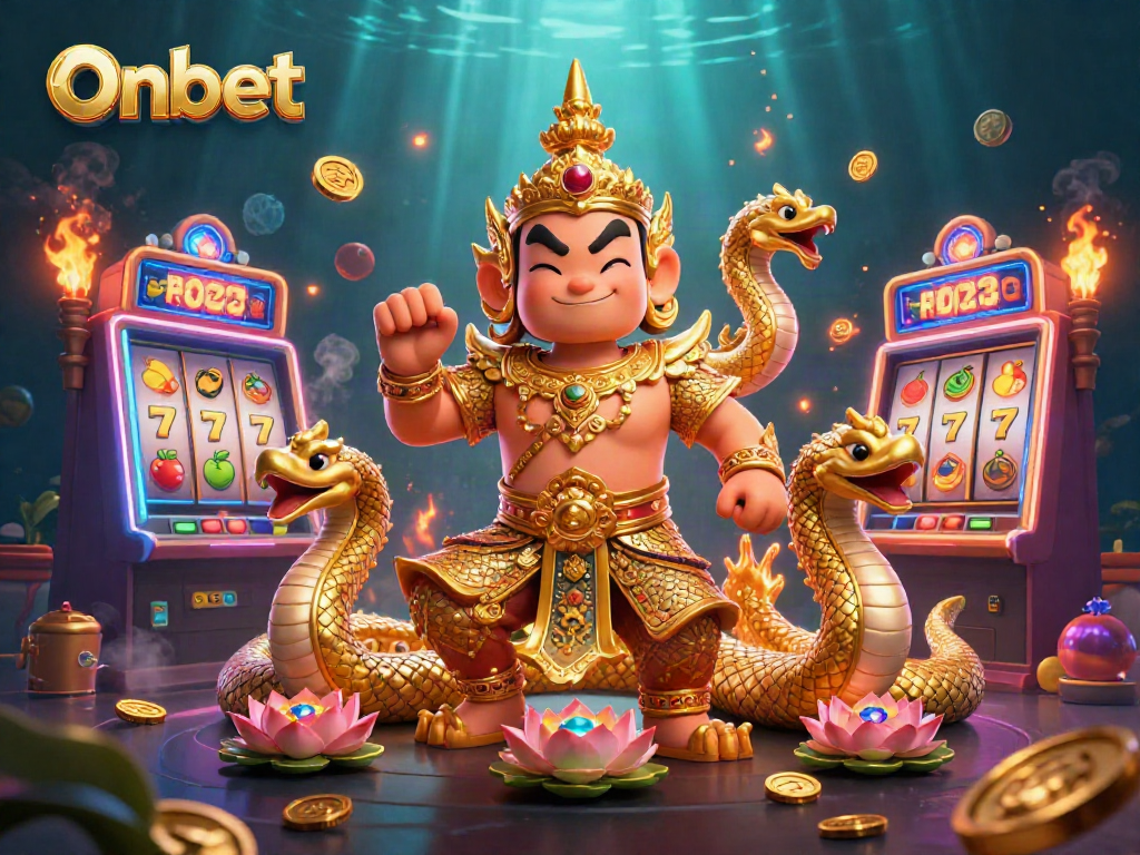 Onbet slots scene with Thai guardian and Naga serpents, vibrant casino elements.