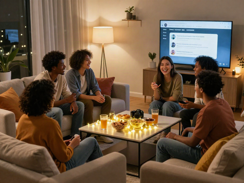 Engaging night in with friends using nsfw ai chat displayed on TV, cozy living room ambiance.