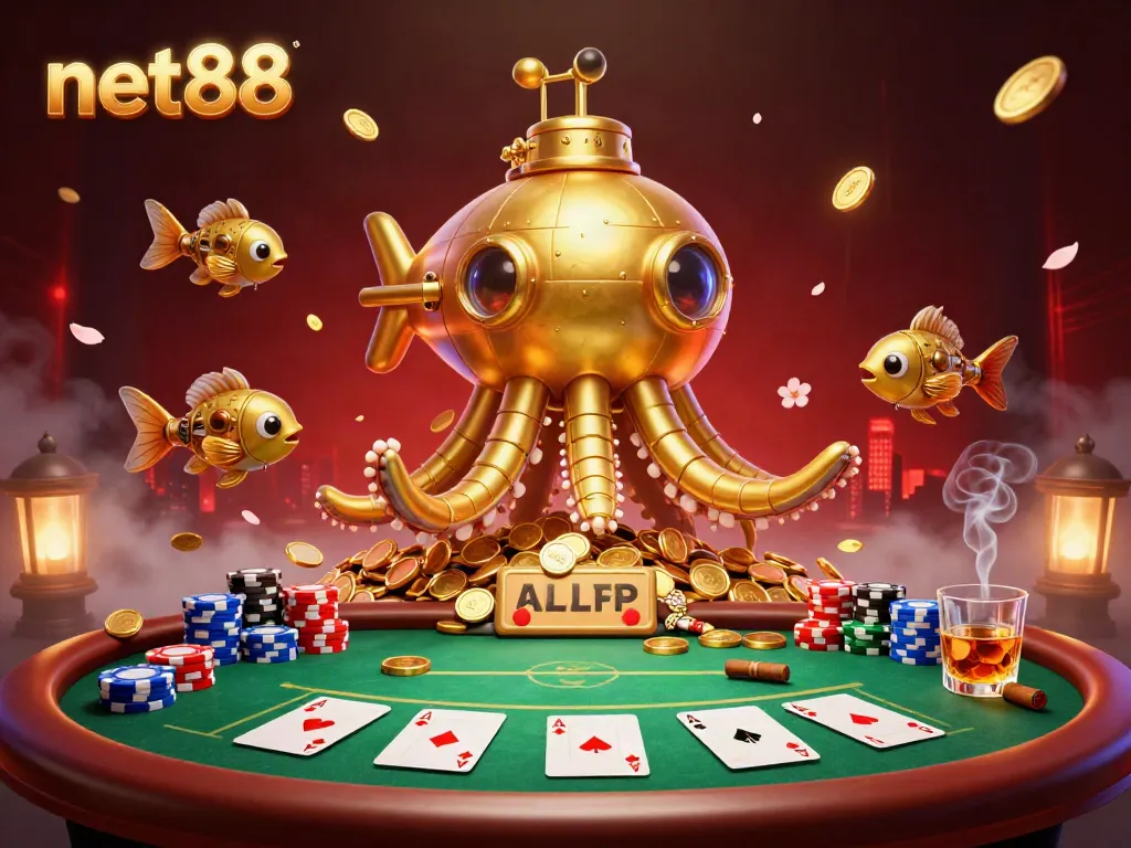 Experience thrilling gameplay at net88 with a dynamic 3D image featuring a golden kraken submarine surrounded by poker elements.