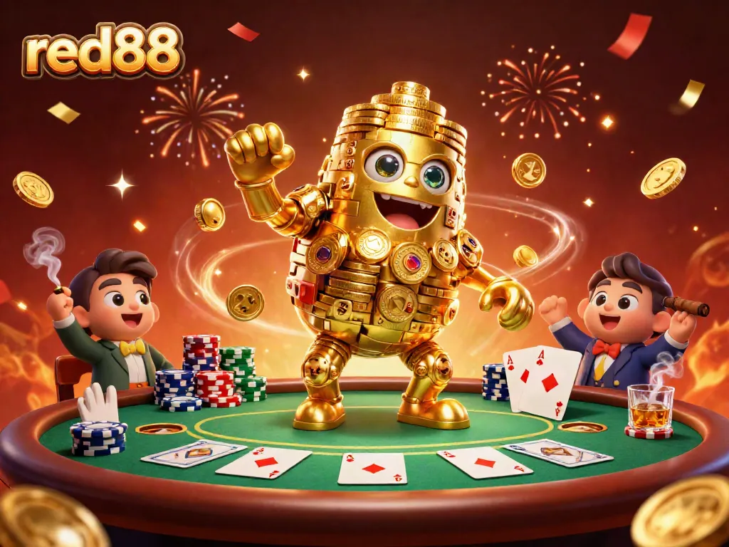 Experience thrilling gaming action with the red88 golden golem amidst colorful poker elements.