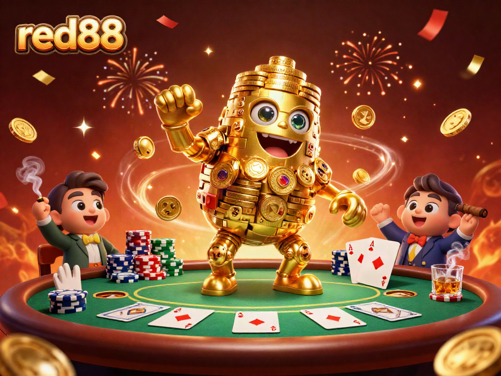 Experience thrilling gaming action with the red88 golden golem amidst colorful poker elements.
