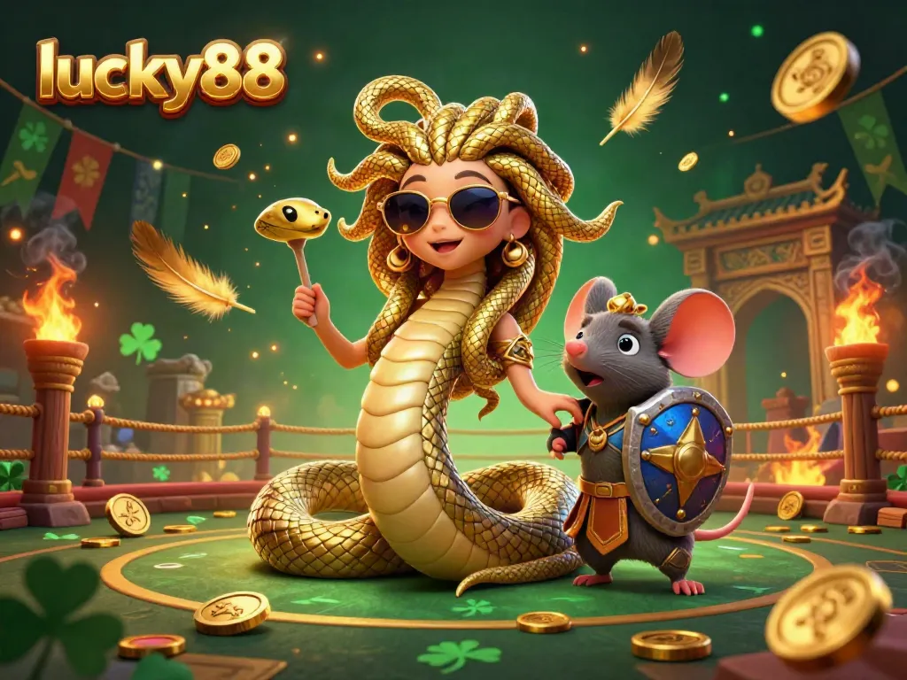 Experience thrilling action with lucky88 in a vibrant gambling arena featuring a friendly Medusa and a warrior mouse.