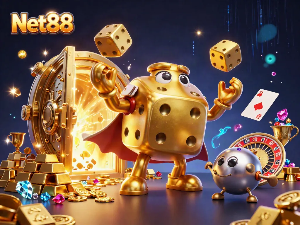 Experience the thrill of Net88 with dynamic 3D casino fun, featuring golden dice golem and sparkling gems.