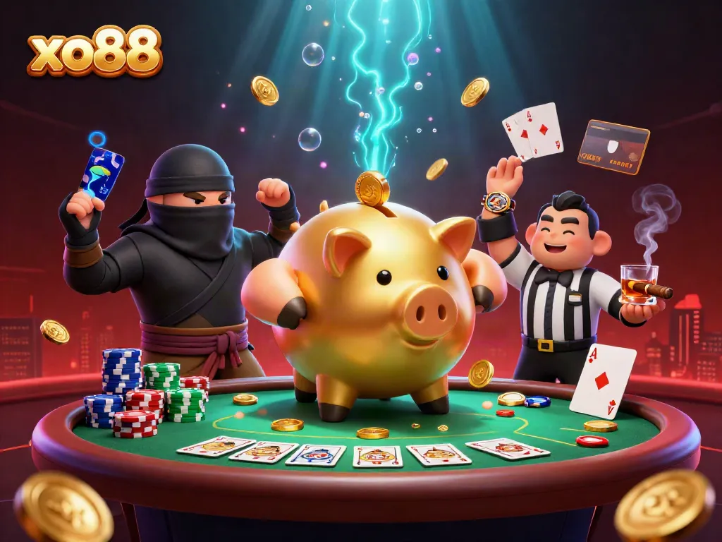 Engage in thrilling gameplay at xo88 with an exciting casino atmosphere featuring a golden piggy bank sumo wrestler.