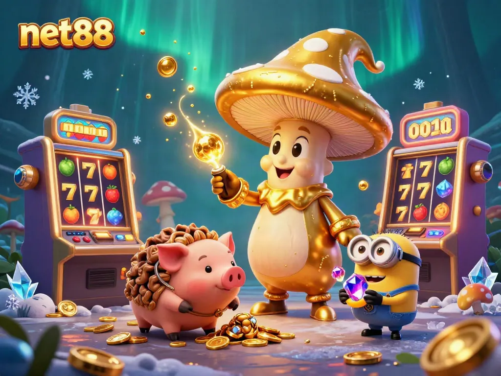 Experience the thrilling magic of net88 with a golden mushroom wizard and treasure-seeking creatures in a vibrant casino world.
