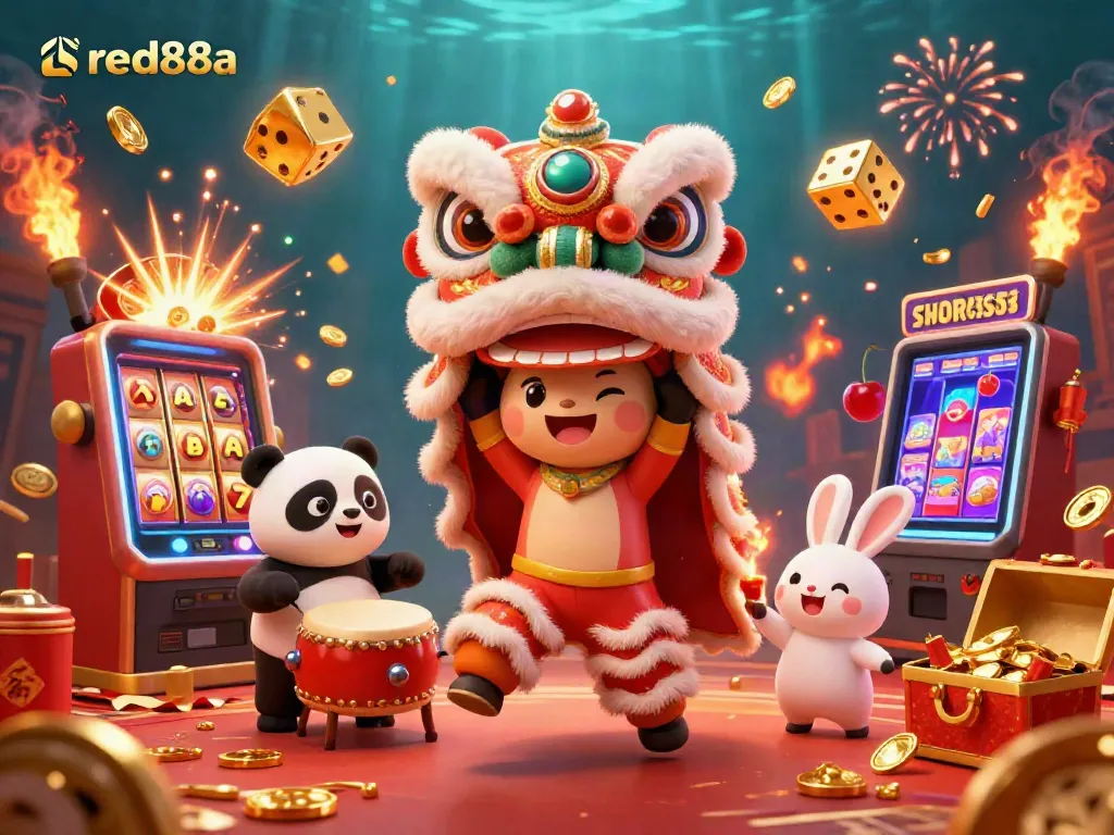 Experience the thrill of red88a with a vibrant casino scene featuring a lion dance and dynamic game elements.