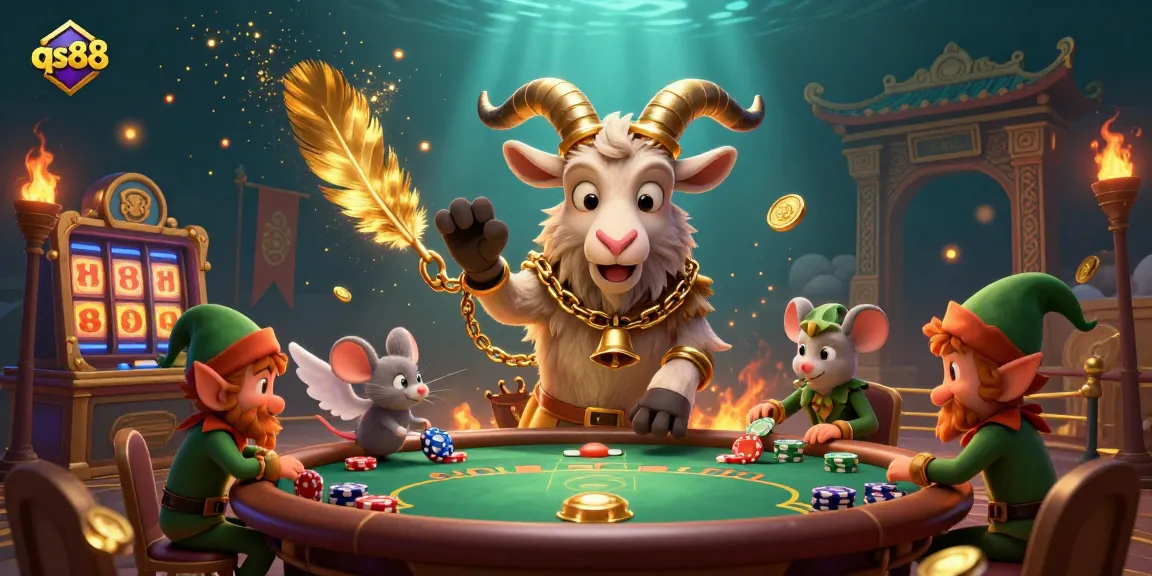Play exciting games at the qs88 casino with Krampus and playful characters in a vibrant, dynamic environment.