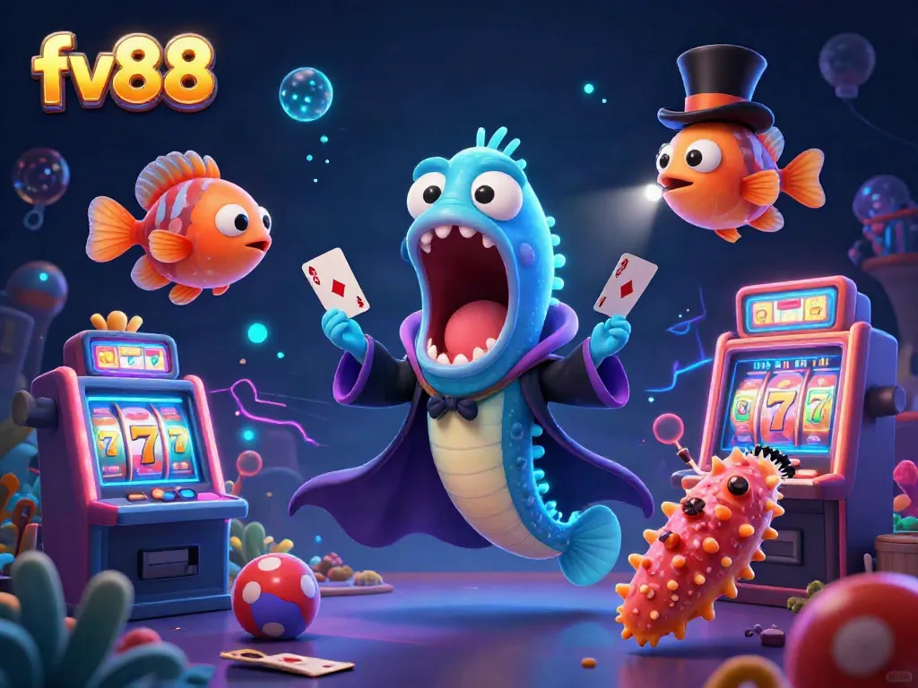 Experience captivating card tricks from the FV88 magical eel amidst slot machine excitement.