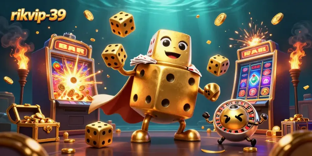 Engage with thrilling games on rikvip-39 with vibrant visuals of a golden dice golem and jackpot elements.