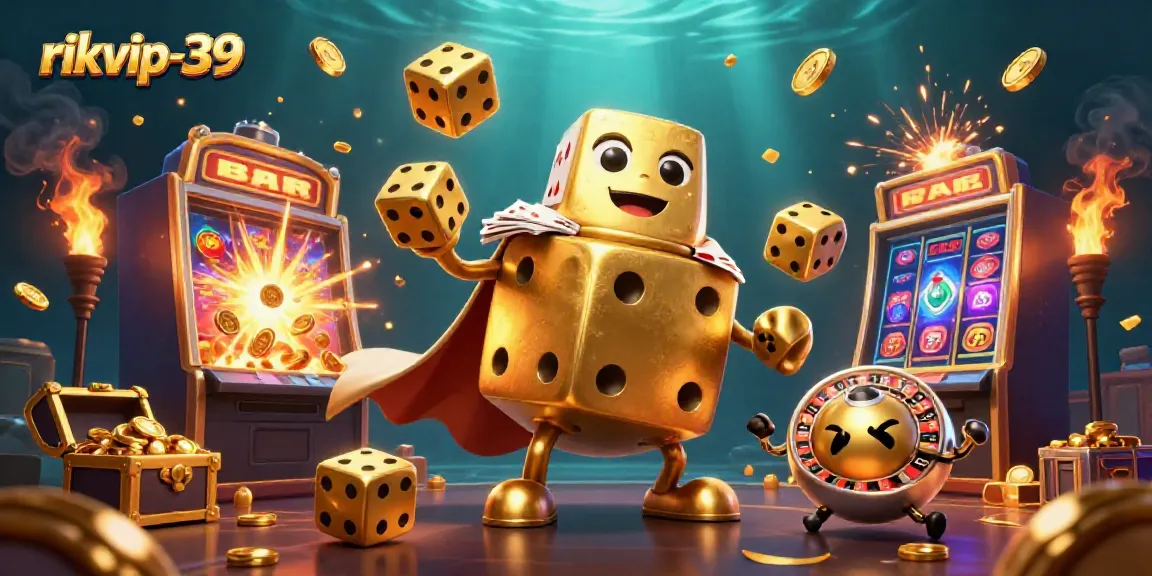 Engage with thrilling games on rikvip-39 with vibrant visuals of a golden dice golem and jackpot elements.