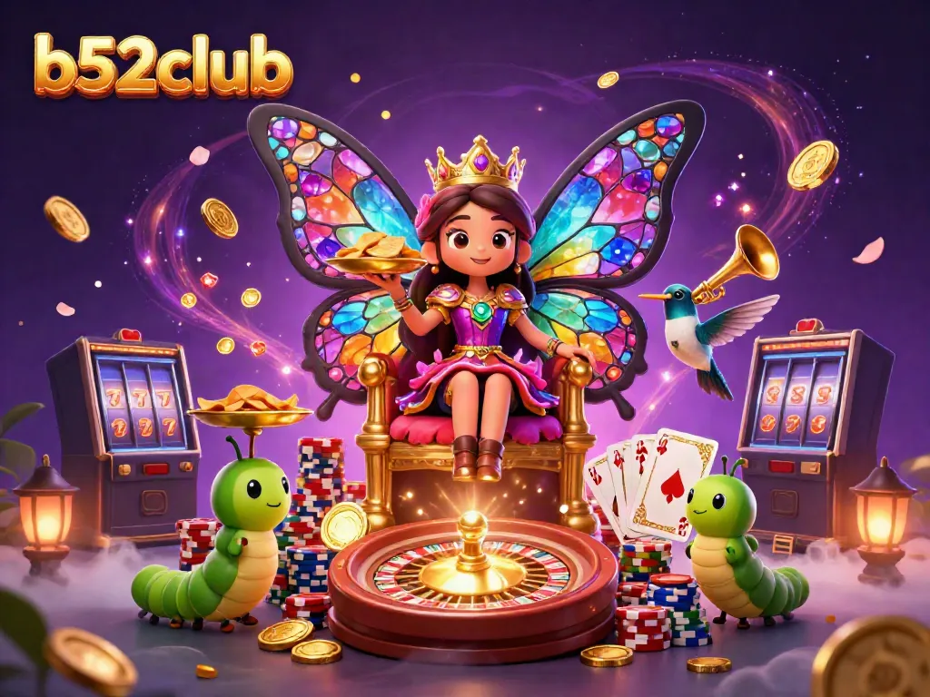 Experience the excitement of b52club with a vivid 3D illustration showcasing a butterfly queen, poker chips, and a spinning roulette wheel.