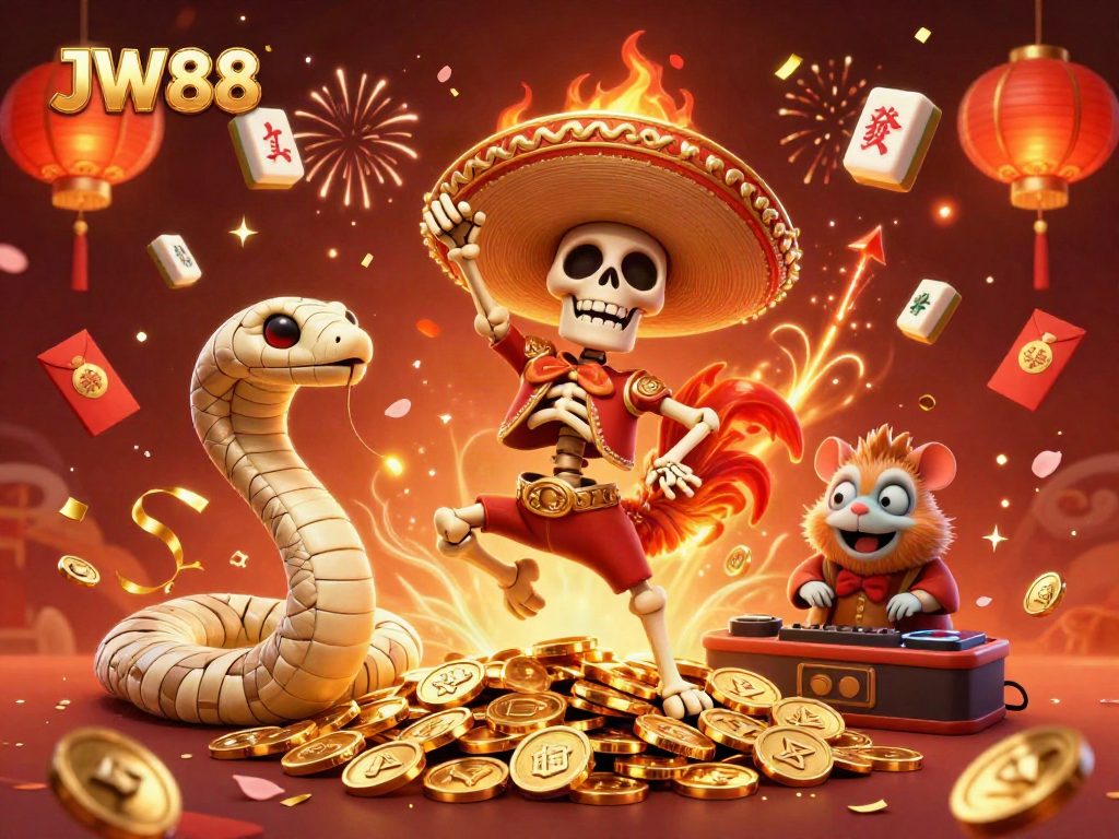 Experience thrilling gameplay at JW88 with a vibrant 3D casino scene featuring colorful characters celebrating victories.