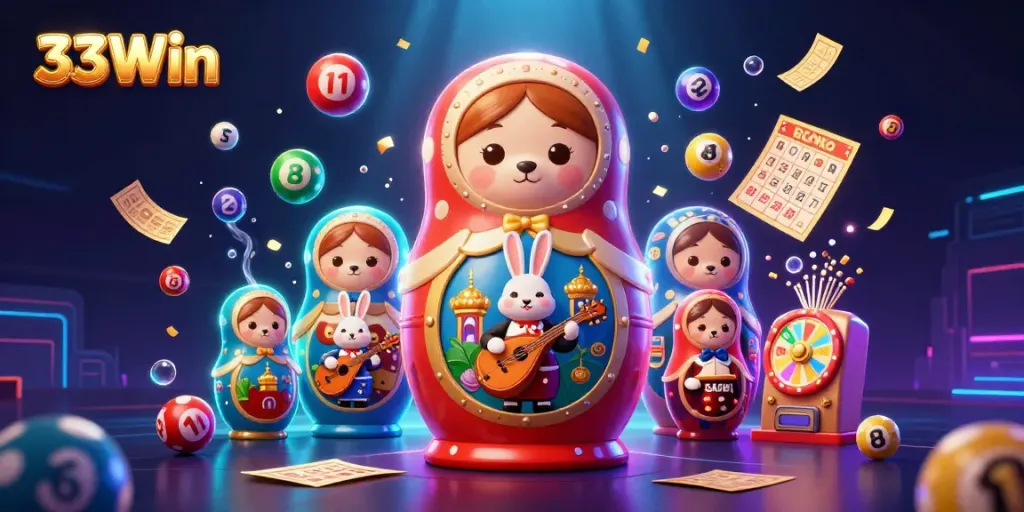 Experience dynamic excitement with 33Win as a cartoon Russian Matryoshka bear reveals hidden casino elements.