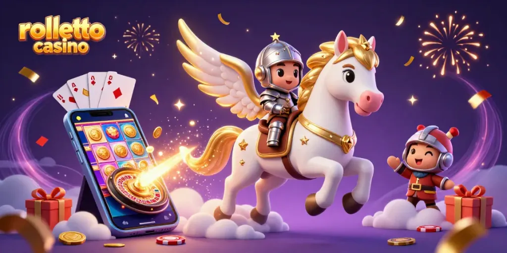 Experience rolletto casino excitement with a magical knight on a flying horse amidst vibrant casino elements.