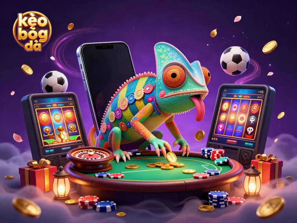 Kèo bóng đá scene showcasing vibrant sports betting action with a chameleon and dynamic elements.