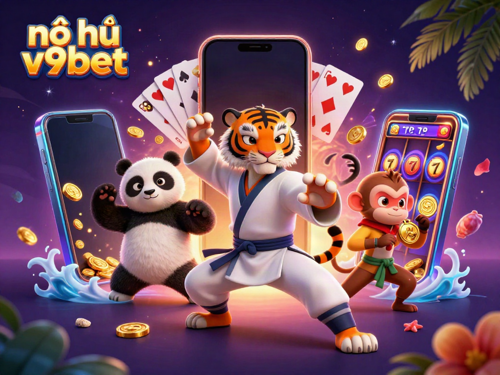 Nổ hũ v9bet excitement illustrated with a kung fu tiger, panda disciple, and monkey in a vibrant casino scene
