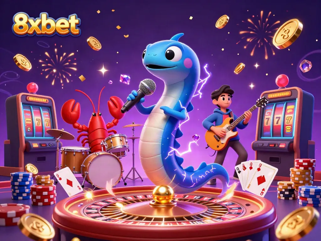 Experience thrilling entertainment with 8xbet's vibrant underwater casino scene featuring dynamic performers and casino elements.